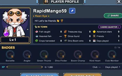 A player profile with badges and a SHARE button