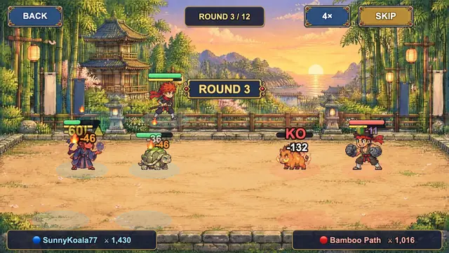 Một trận Đấu Trường Ninja: hai đội ba người giao đấu trong làng trúc lúc hoàng hôn